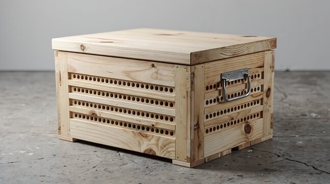 Durable Handcrafted Wooden Storage Crate with Ventilation Holes and Industrial Metal Handle on Concrete Floor, Functional Pine Wood Box for Secure Shipping, Organization, or Pet Transport Logistics