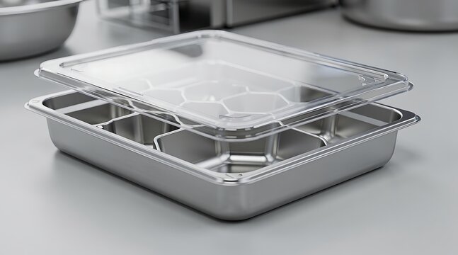 Empty Professional Stainless Steel Food Container with Multiple Divided Compartments and a Clear Transparent Lid for Industrial Catering and Meal Prep Storage Organization
