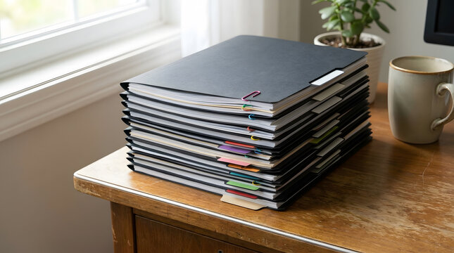 Stack of Organized Black Document Folders with Colorful Sticky Tabs | Desktop Filing System with Stacked Folders and Coffee Cup | Office Document Organization and Paperwork Archive on Wooden Desk