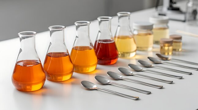 Row of glass erlenmeyer flasks with various shades of amber and orange liquids arranged with stainless steel spoons on a white laboratory table for professional quality control and chemical testing.