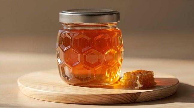 Close up of a glass jar filled with golden organic honey featuring a honeycomb textured surface, accompanied by a piece of fresh natural honeycomb on a rustic wooden board in warm sunlight.