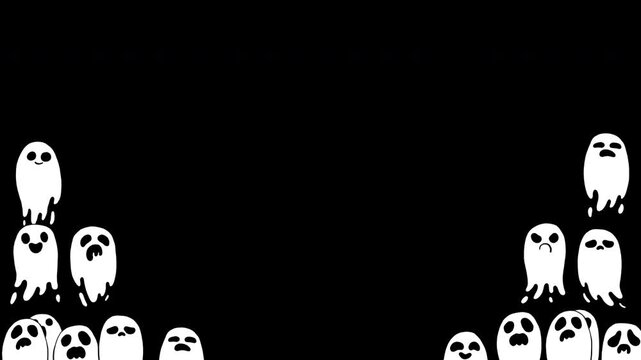 Seamless looping 2D animation of a crowd of cute, spooky ghosts hovering in both bottom corners of the frame. Isolated on a transparent alpha channel for Halloween overlay, frame, border for streaming