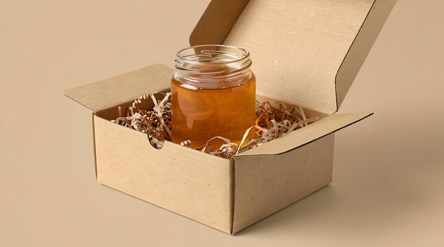 Glass jar of pure golden honey inside an open cardboard mailing box with eco-friendly shredded paper filler for safe shipping and sustainable packaging on a neutral beige background.