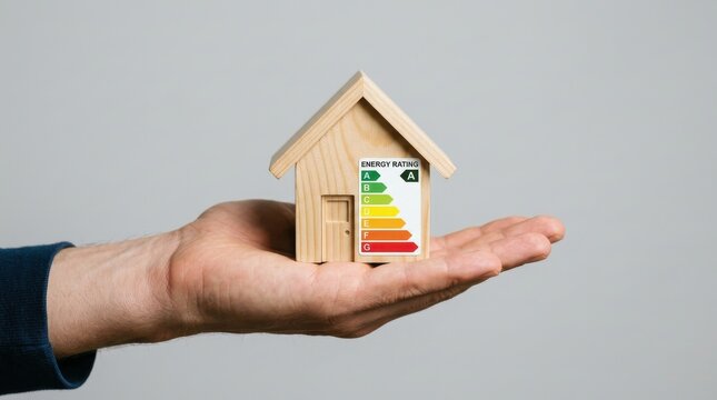 Hand holding wooden house with energy rating scale