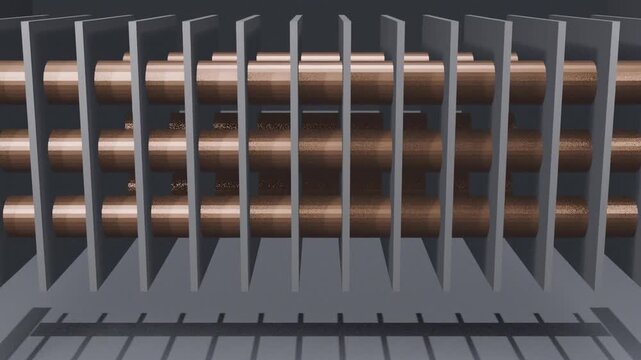 Industrial heat exchanger with glowing tubes in 3d rendered factory scene animation