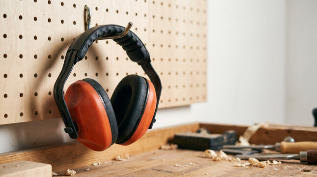 Orange protective earmuffs hanging on a workshop pegboard