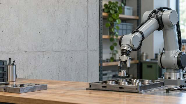 Industrial robotic arm placing a metal component in a workshop