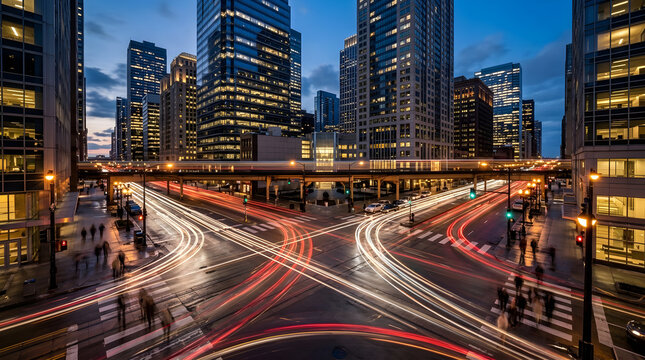 Chicago city intersection with light trails at night in downtown