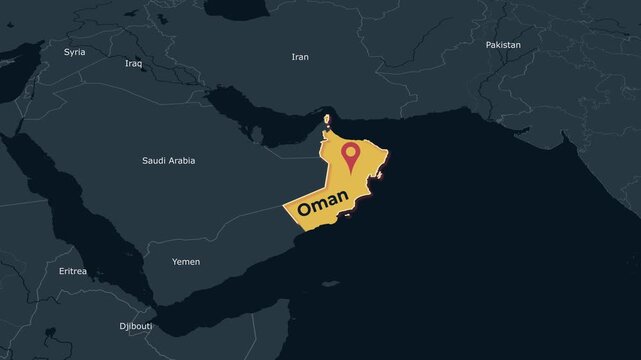 Animated map of Oman highlighting the country in the Middle East, Clean dark theme animated locator map highlighting Oman in the Middle East for geography, education, travel, documentary