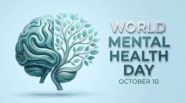 World mental health day illustration featuring a human brain creatively formed in the shape of