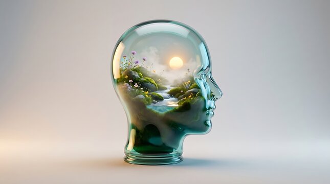 Abstract translucent human head filled with a vibrant forest landscape and glowing light