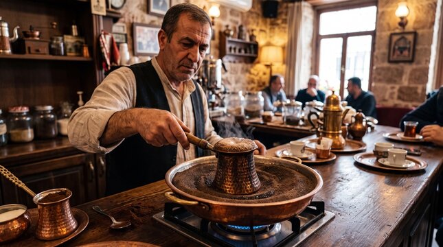 Ottoman barista preparing traditional Turkish sand coffee in a copper cezve inside a cozy, authentic cafe interior with warm lighting and customers.