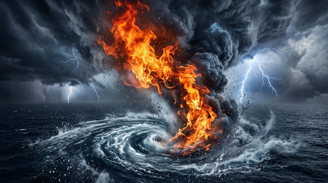 Vortex of fire and water under tempestuous skies with vivid lightning strikes