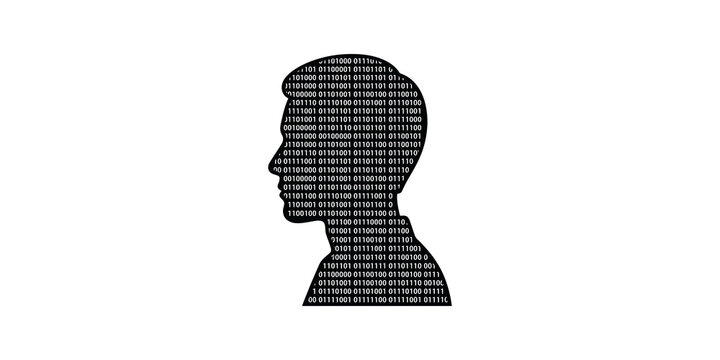Human head profile with binary code data pattern on isolated surface area.