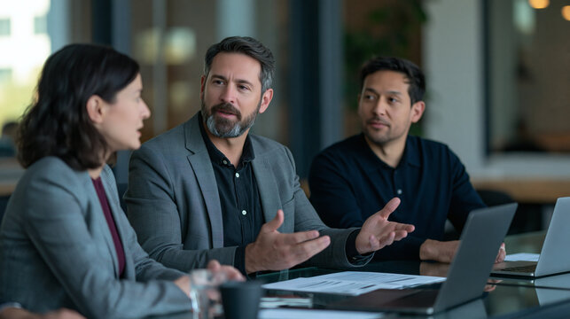 Colleagues in Discussion: A focused team of business professionals engage in a collaborative discussion around a table, with laptops and documents suggesting a productive meeting in progress.