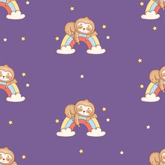 Obraz premium Seamless Pattern Cute Kawaii Sleeping Sloth on Rainbow with Clouds and Stars. Resting Dreamy Baby Cartoon Animal on Dark Purple Background. Vector Illustration. Kids collection for Repeat Design.