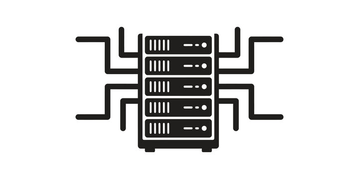 Server rack data center icon featuring black graphic on white backdrop art.