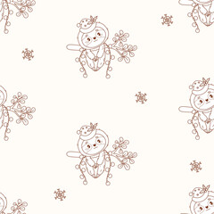 Obraz premium Outline Christmas Cute Sloth Seamless Pattern. New Year Kawaii Animal Hanging on Branch with Santa Hat with Mistletoe and Garland Baubles on White Background. Vector Illustration Line Art, Coloring.