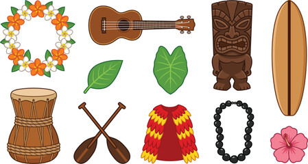 Hawaiian Luau Party and Cultural Elements Vector Set Featuring Lei Garland, Ukulele, Tiki Statue, Surfboard, Hula Drum, Hibiscus, and Polynesian Dance Costumes © Remi