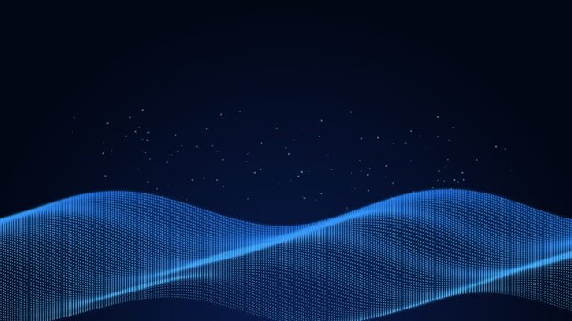 Abstract blue wave of glowing dots on a dark background with small light particles