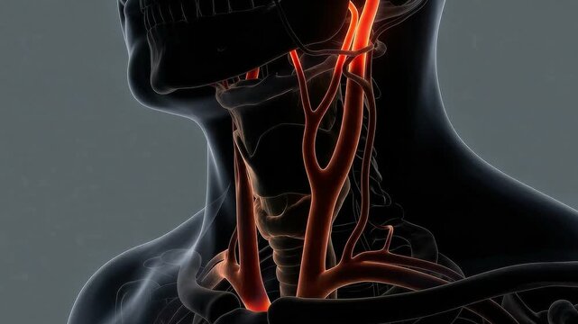 3D medical animation showing the human carotid artery system with glowing light pulses indicating blood circulation in the neck region