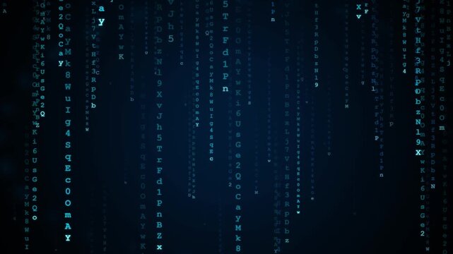 Digital matrix code rain background image. Glowing blue letters and numbers falling vertically down a dark screen. Cyber security technology data stream photo.