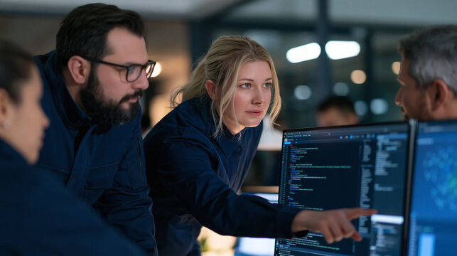 Tech Team Collaboration: A diverse group of IT professionals is focused on a computer screen displaying lines of code, working together on a complex project in a modern office environment.