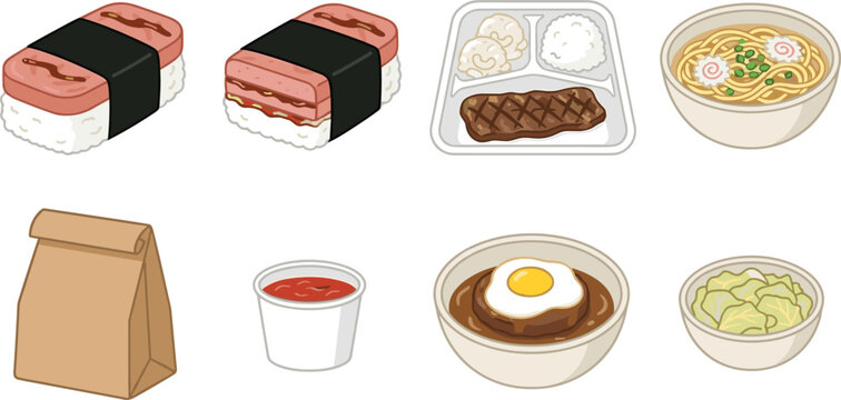 Hawaiian and Asian Food Icon Set Featuring Spam Musubi, Loco Moco, Ramen Noodles, BBQ Plate Lunch, and Takeout Box for Restaurant Menu Designs