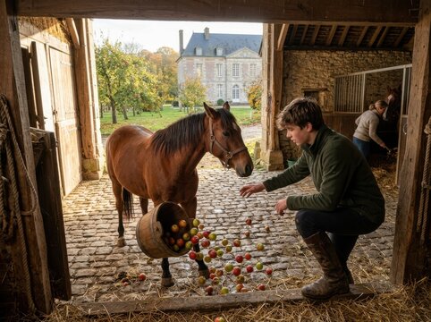 Stable apples and a horse in a rustic barn with autumn estate backdrop