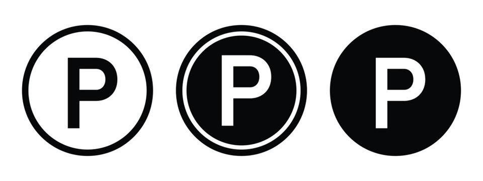 Parking sign vector icon set with round black and white parking symbols