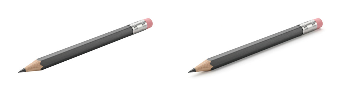 Black wooden pencils with pink erasers isolated on white, professional graphite writing tools, pair of sharpened drawing pencils for office and school