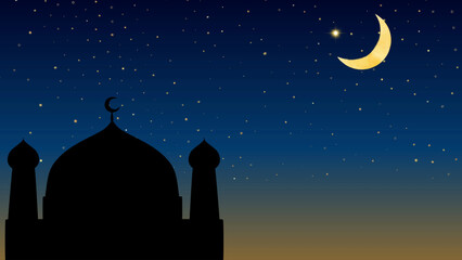 A crescent moon and stars in the twilight sky set against the silhouette of a mosque dome. a symbol of Islam. There is space for text such as Ramadan Kareem, Eid al-Fitr, Eid al-Adha, and so on © Hime.Ri
