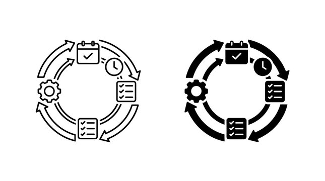 Cyclic process workflow icons with checklist, clock, gear, and document symbols isolated on transparent background