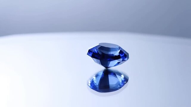 Faceted blue gemstone rotating above its reflection on a glossy white surface