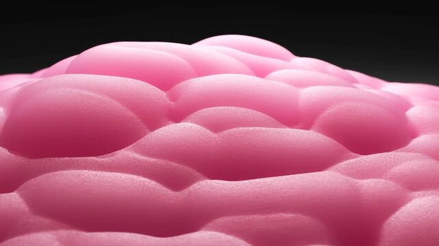 Pink bubbly foam expands in smooth, undulating waves against a dark background