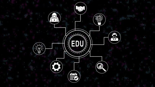 Comprehensive edu digital online learning network infographic animation with glowing interface nodes, futuristic cyber diagram connections, and modern e-learning concept for virtual classrooms