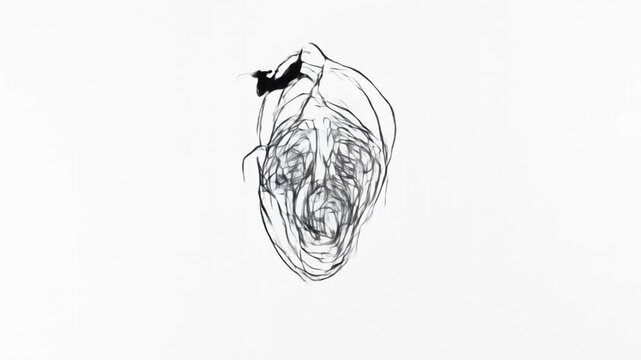 Morphing black and white face illustration shifts through distorted expressions on a white background