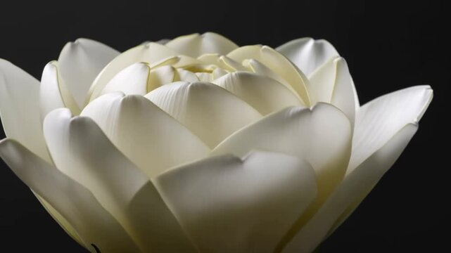 White flower opening its layered petals in close view against a dark background