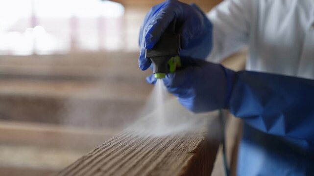 Gloved Worker Sprays Fine Mist Across a Wooden Plank in an Indoor Work Area