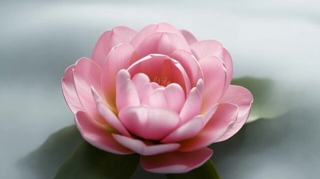 Pink lotus flower gradually opens its petals on a calm pond in soft natural light