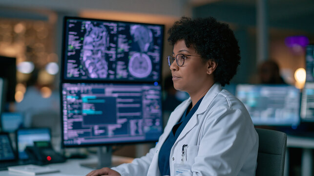 Medical Professional Analyzing Scans: A focused medical professional, wearing a lab coat and glasses, intently studies complex medical scans displayed on multiple computer monitors in a modern clinic.