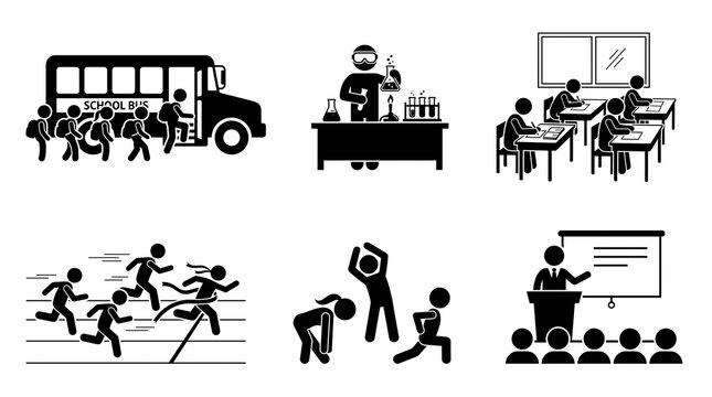 School activities icon set, education stick figure pictogram collection, student classroom learning vector graphic design