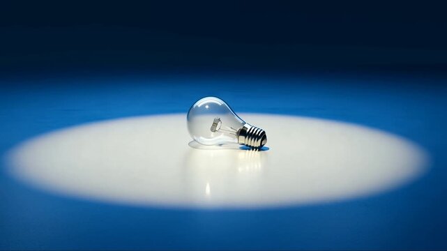 Clear Lightbulb Resting as a Spotlight Expands Across a Blue Surface