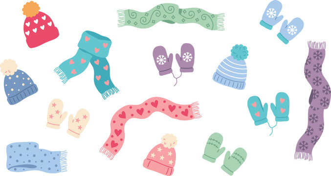 Vector collection of cute winter accessories including cozy knitted hats with pom poms, warm colorful scarves, and patterned mittens isolated on white background