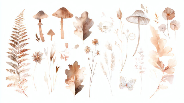 Hand-painted watercolor collection of mushrooms, ferns, autumn leaves, dried grasses, stems, and delicate wildflowers arranged on a clean white background.
