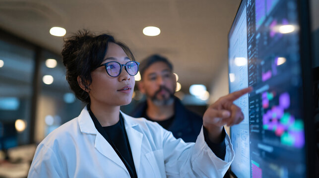 Scientific Collaboration: A female scientist in a lab coat points to a complex data visualization on a large screen, while a male colleague observes closely.