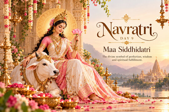 Navratri day greeting with goddess maa siddhidatri seated on white bull