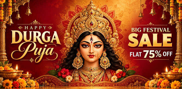 Happy durga puja festival sale banner with goddess durga big sale discount offer