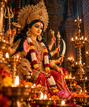 Goddess durga idol adorned with traditional ornaments and garlands during celebration