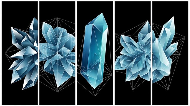 Abstract geometric composition of luminous blue ice crystals with sharp facets and glowing edges, set against a deep black background with intersecting thin.